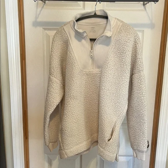 Aerie Cream Sherpa Quarter-Zip Sweater - Picture 1 of 7